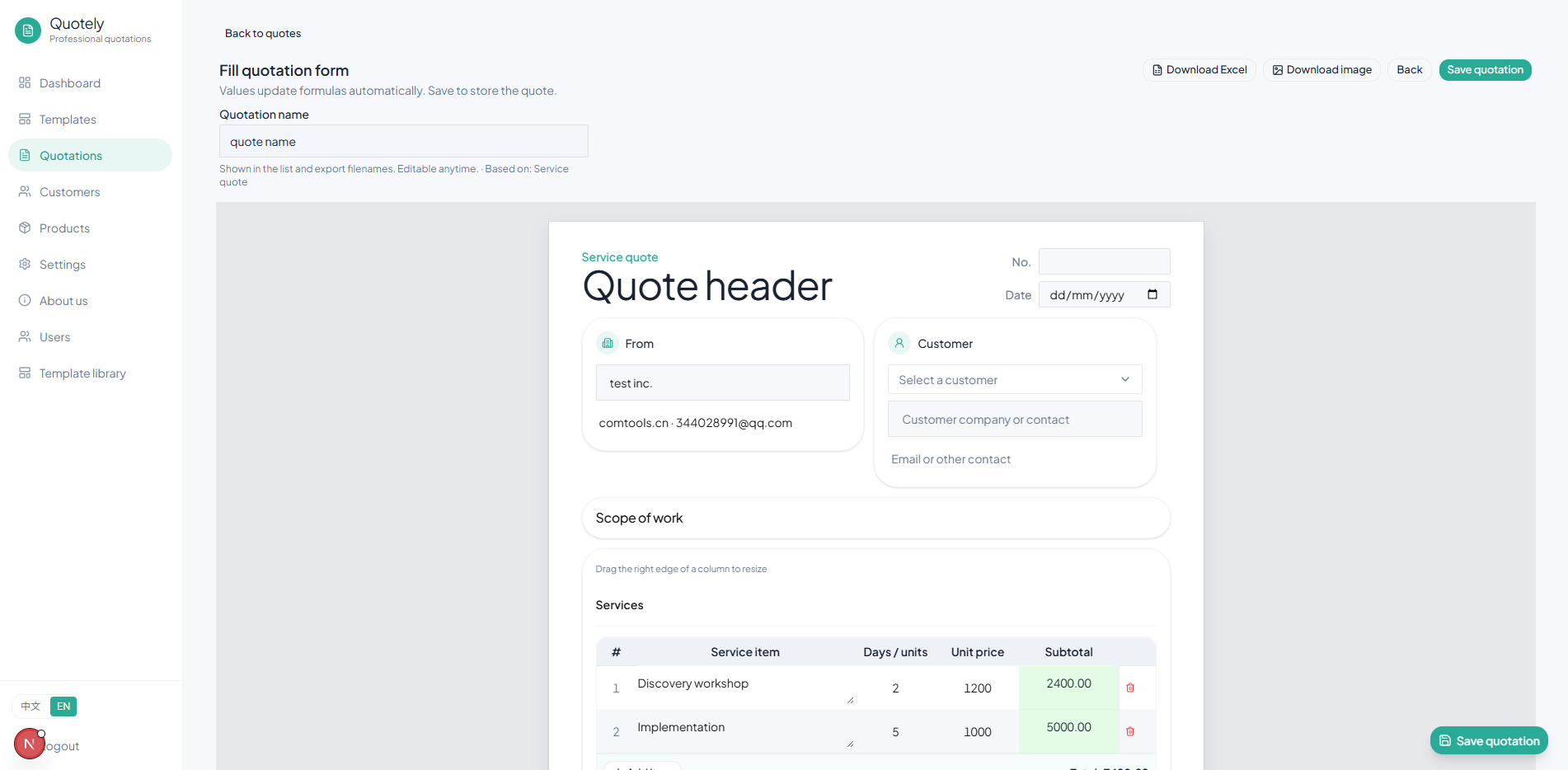 Quotely quote editor